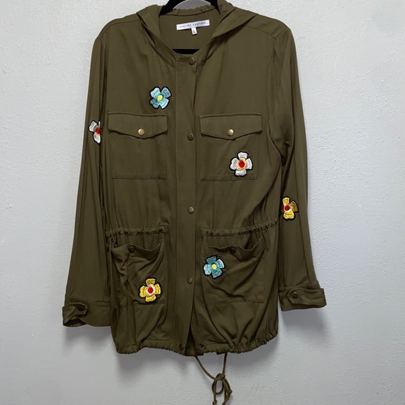 English Factory Olive Green Floral Embellished Military Utility Hoodie Jacket - Picture 3 of 11